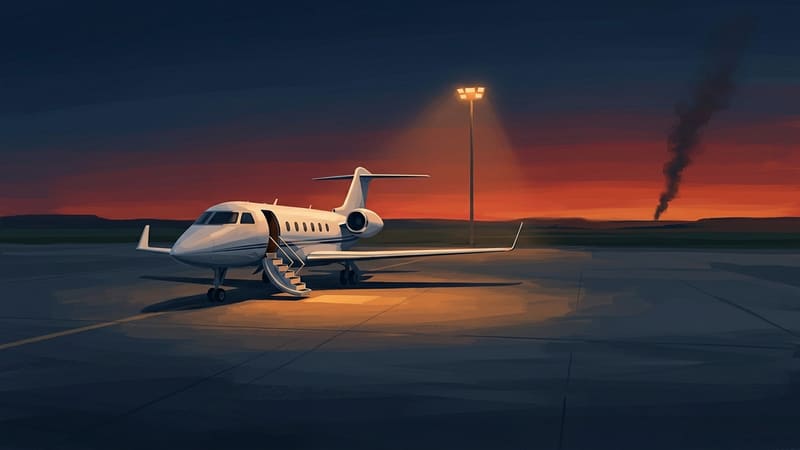 Illustration of a white business jet with stairs lowered under a floodlight on an empty apron at dusk, smoke on the horizon