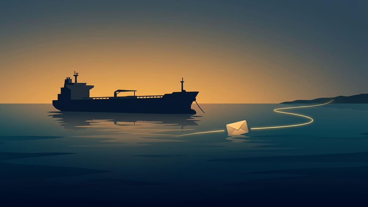 Illustration of a silhouetted oil tanker at dusk, with a glowing line carrying an envelope across the water.