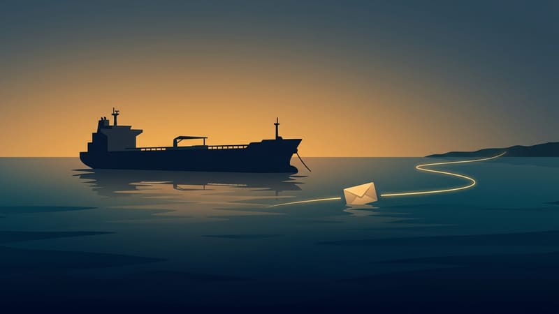 Illustration of a silhouetted oil tanker at dusk, with a glowing line carrying an envelope across the water.
