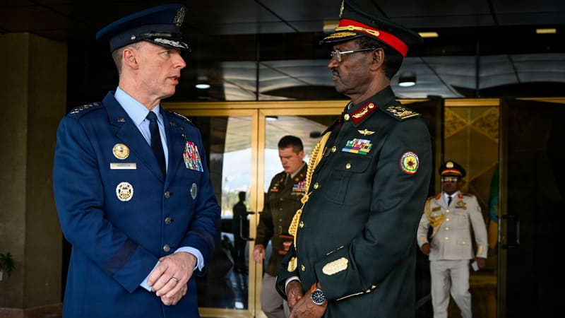 Ethiopian Field Marshal Birhanu Jula, in dark green uniform and red-banded cap, listens to a U.S. Air Force general