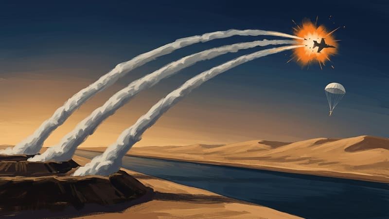 Illustration of three missile trails rising from a canal bank to a jet exploding in a dusk sky, with a parachute over dunes