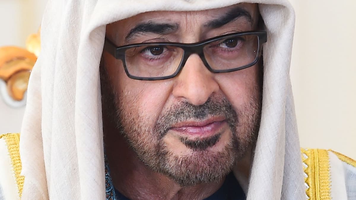 Close-up portrait of UAE President Sheikh Mohamed bin Zayed Al Nahyan in a white headdress and glasses