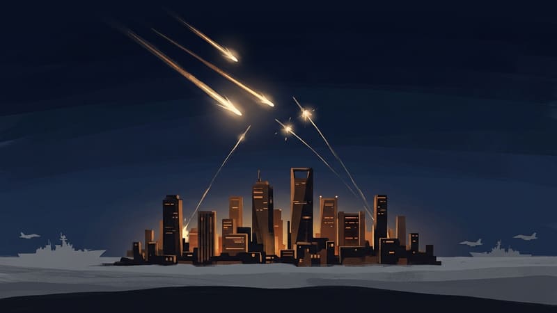 Illustration of a night city skyline under incoming missiles and rising interceptors, with grey warships and jets far off