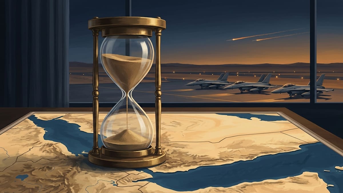 Illustration: brass hourglass on an unlabelled Red Sea map, fighter jets parked at a desert airstrip at dusk, missile trails