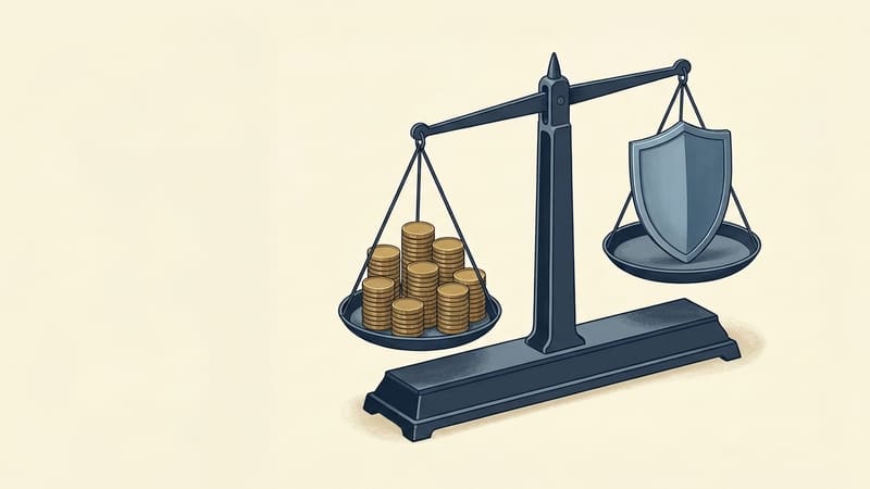 A balance scale tips toward stacks of gold coins, outweighing an intact blue shield.