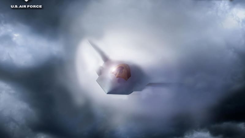 Artist's rendering of the F-47 fighter's nose and canopy emerging from dark storm clouds.