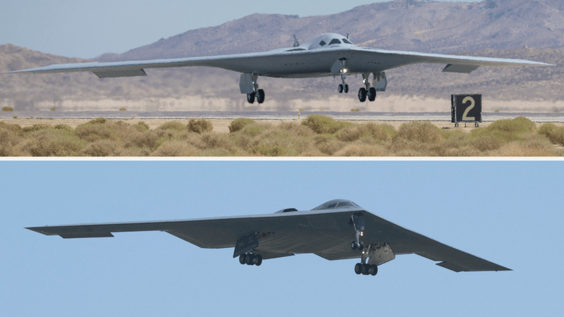 Composite: a B-21 Raider landing in the desert above and a B-2 Spirit on approach below, both with landing gear down