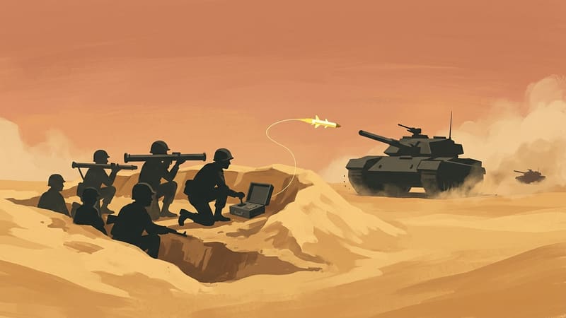 Painted illustration of soldiers in a desert trench, one steering a wire-guided missile from a case toward an advancing tank