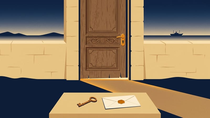 Illustration: a wooden door in a sandstone wall with light beneath it, a key and a sealed letter on a table