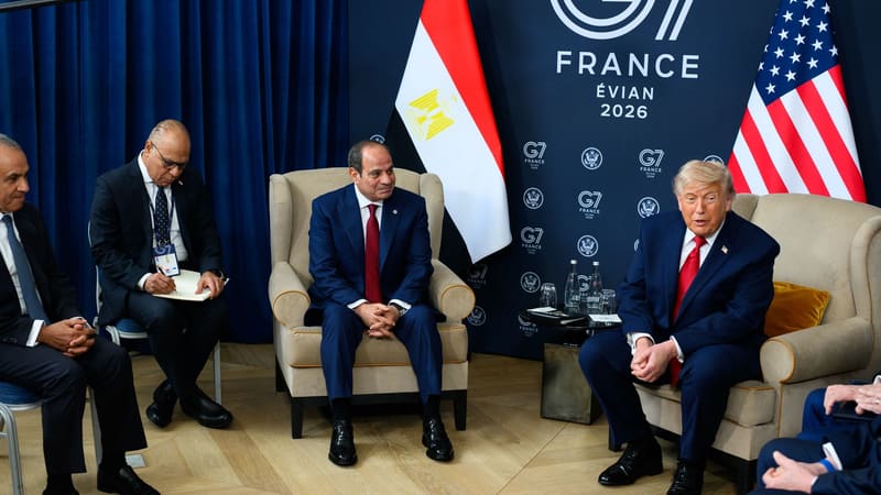 Abdel Fattah el-Sisi and Donald Trump seated before Egyptian and US flags at the G7 in Evian