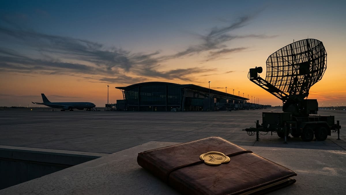 Dusk over an empty airport apron with an air-defence radar and a sealed treaty folder