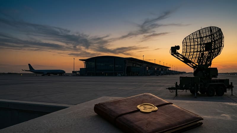 Dusk over an empty airport apron with an air-defence radar and a sealed treaty folder