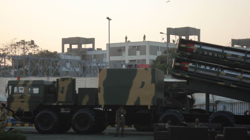 Pakistan Army transporter-erector-launcher with raised Babur cruise missile canisters at a Karachi defence show