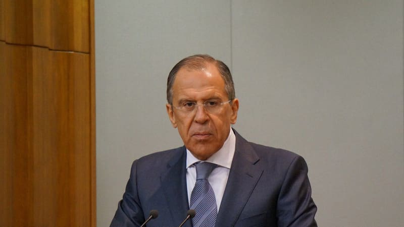 Russian Foreign Minister Sergey Lavrov speaking at a lectern in a file photograph