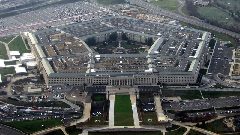 Aerial view of the five-sided Pentagon building in Arlington, Virginia