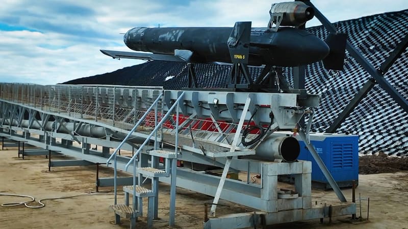 Jet-powered Geran-5 drone with a turbojet engine on its back, mounted on a launch rail