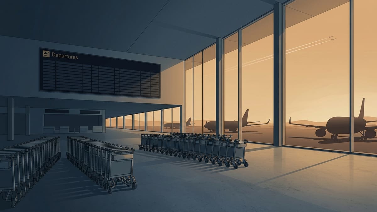 Empty airport concourse with idle luggage trolleys, a dark departures board and parked aircraft beyond the windows