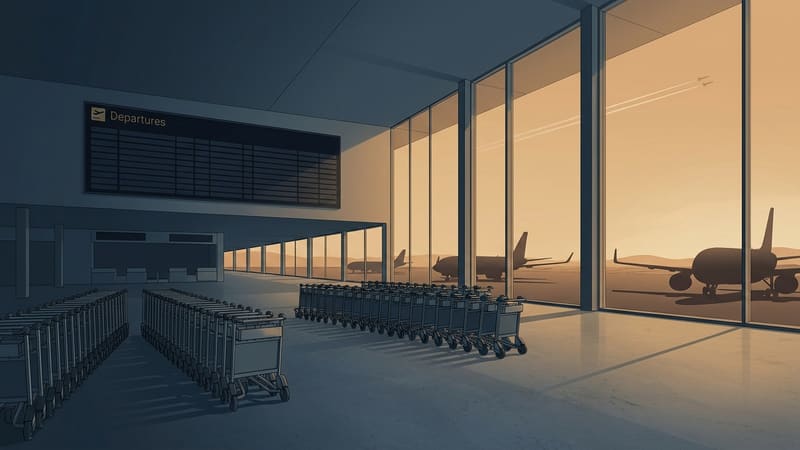 Empty airport concourse with idle luggage trolleys, a dark departures board and parked aircraft beyond the windows