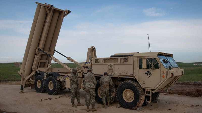 U.S. Army soldiers check a THAAD missile launcher with its interceptor rack raised at a site in Israel