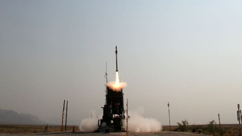 An Iron Dome launcher fires a Tamir interceptor missile during a US Army test in the New Mexico desert