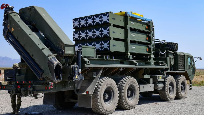 US Army truck carrying stacked Iron Dome interceptor pods at White Sands Missile Range, New Mexico