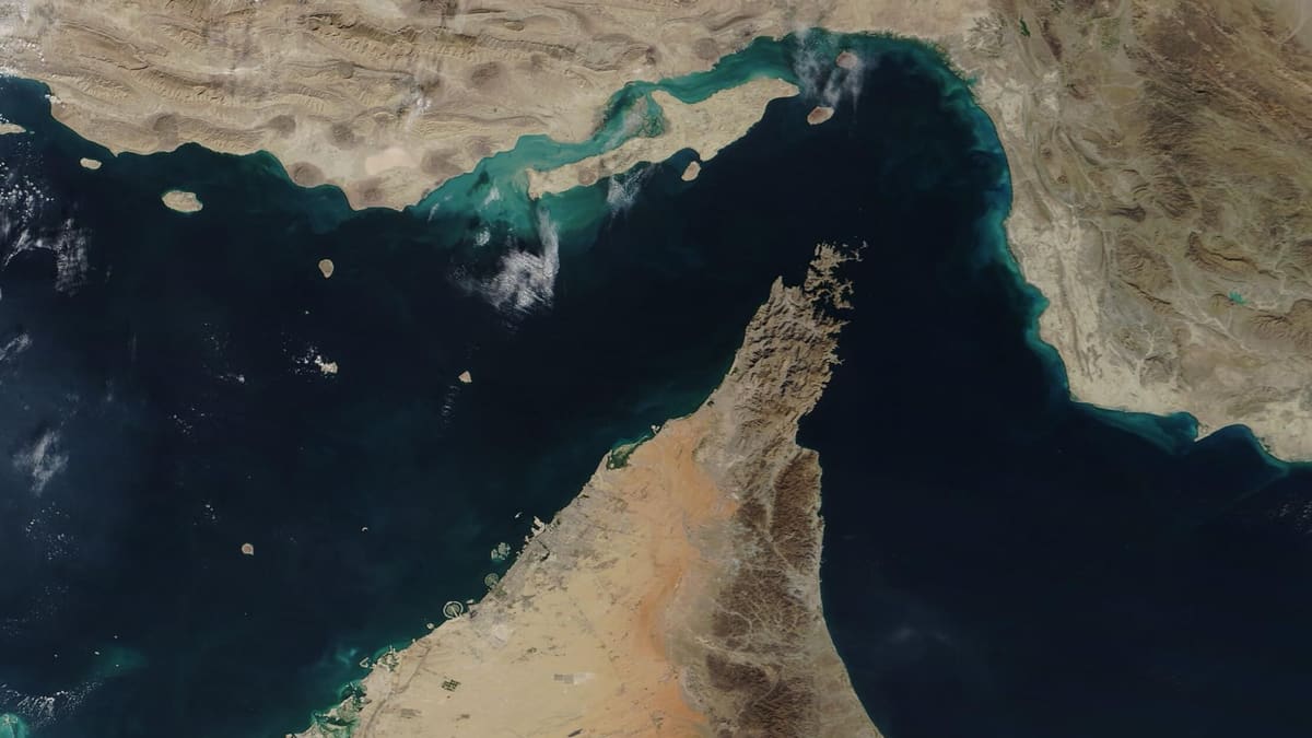 NASA satellite view of the Strait of Hormuz between Iran and the Musandam Peninsula