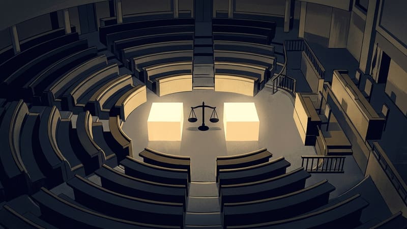 Illustration of an empty parliament chamber with two equal glowing blocks of light on either side of a balance scale