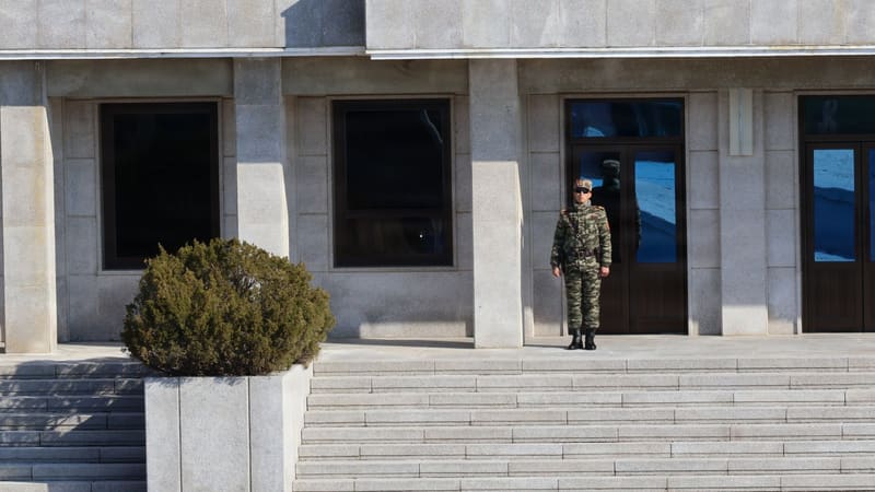 A North Korean soldier in camouflage stands guard on the steps of a grey stone building at Panmunjom