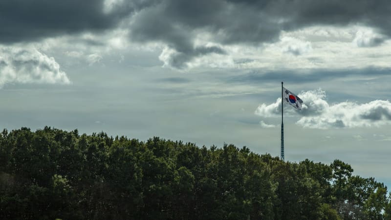 The South Korean flag flies from a tall lattice mast above a dark tree line under heavy grey clouds