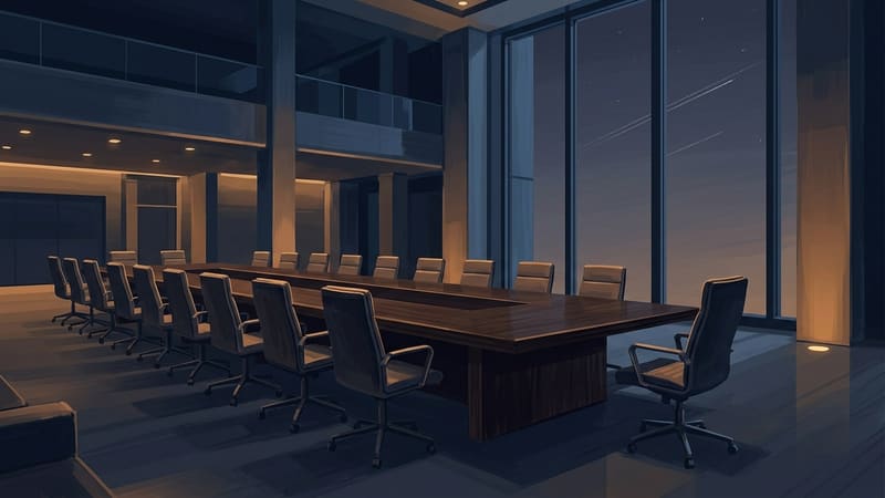 Empty summit table at night with one chair turned toward a dark window