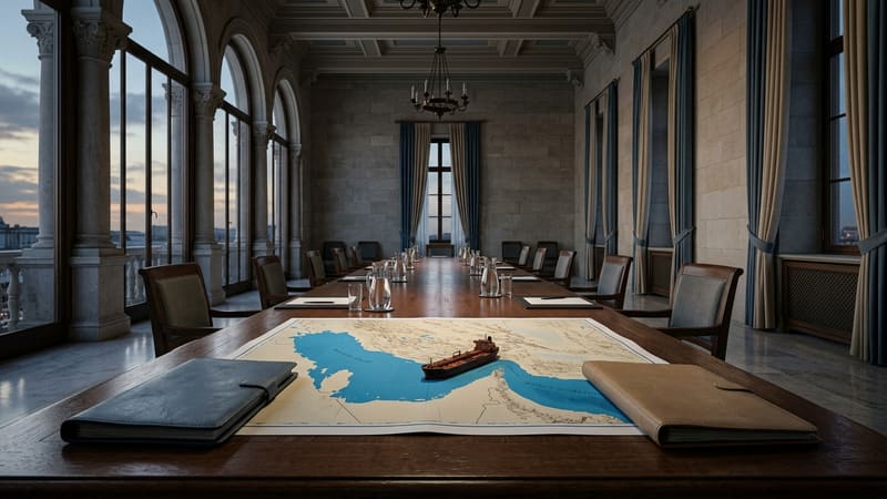 Empty negotiating table in a hall with a map of the Persian Gulf and a model tanker on the Strait of Hormuz