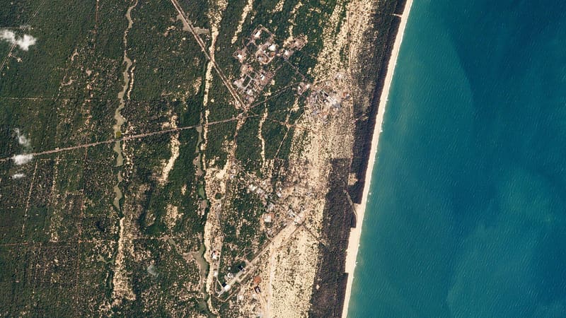 Satellite view of the Satish Dhawan Space Centre launch complexes on the coast of Sriharikota island, India
