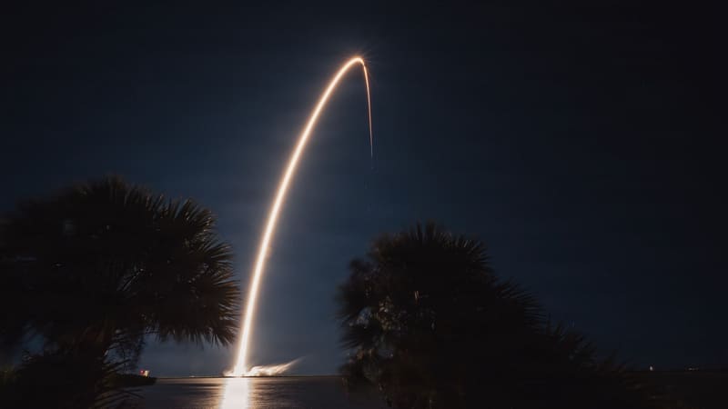 Night launch trail of a Falcon 9 rocket carrying a U.S. GPS III satellite from Cape Canaveral