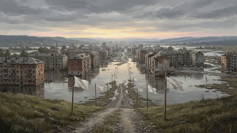 Painted illustration of a flooded, war-damaged town with a dry road marked by white flags