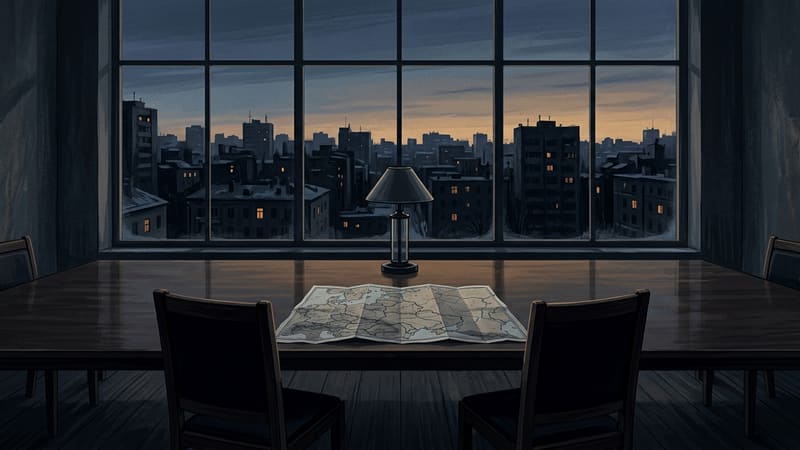 Illustration of a dim room at dusk: a map of Eastern Europe on an empty table between two empty chairs.
