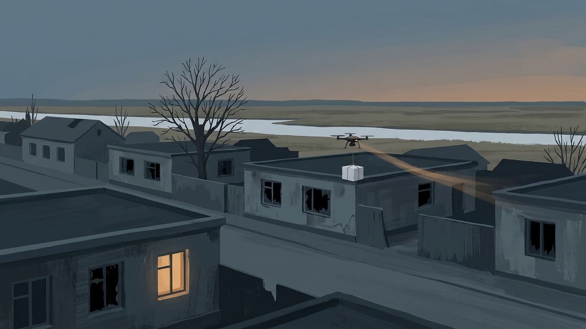 Illustration of a drone carrying a white parcel over damaged flat-roofed houses beside a river at dusk.