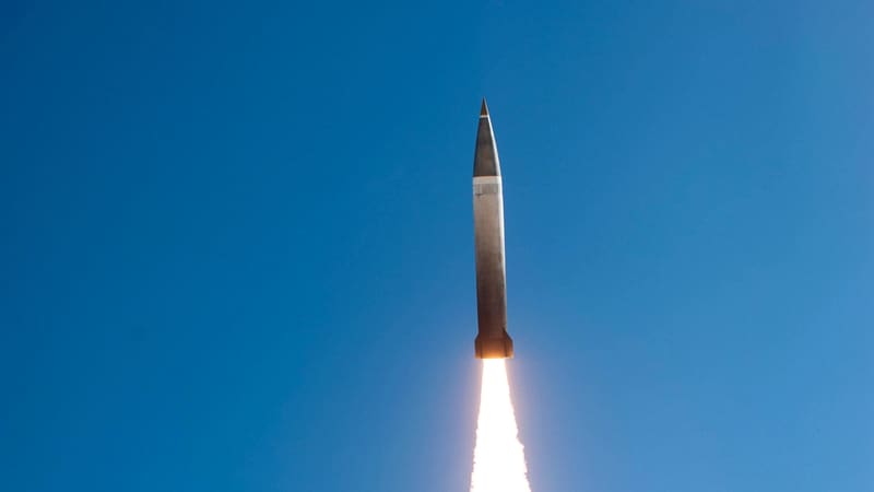 A U.S. Army Precision Strike Missile climbs on a bright exhaust plume against a clear blue sky