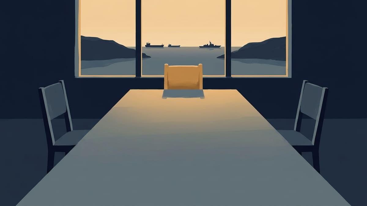 Illustration of an empty chair at the head of a bare table, with ships on a strait seen through a window.