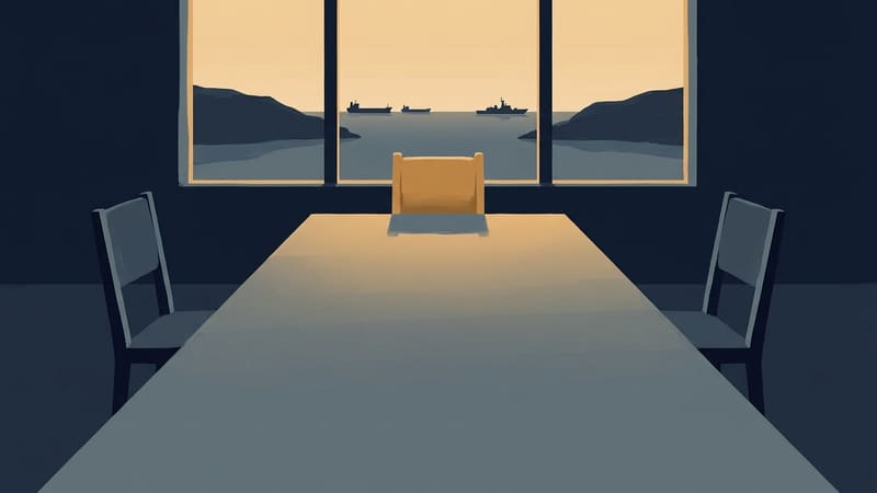 Illustration of an empty chair at the head of a bare table, with ships on a strait seen through a window.