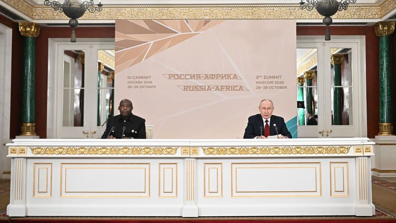 Putin and African Union chair Evariste Ndayishimiye at the summit press conference, Moscow
