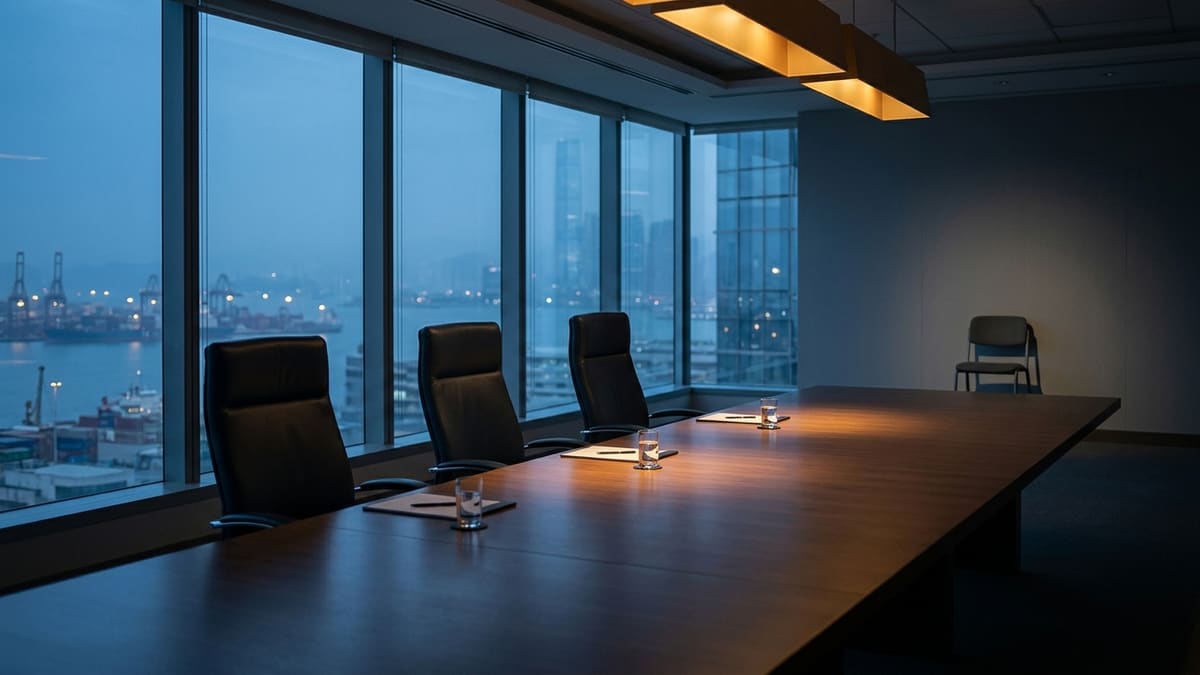 Empty conference table with three chairs in pooled light and a fourth chair alone against the far wall