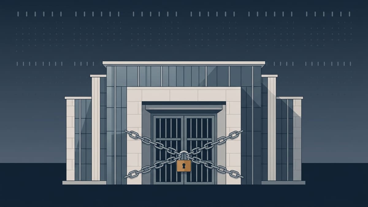 Illustration of a courthouse with its doors chained and padlocked