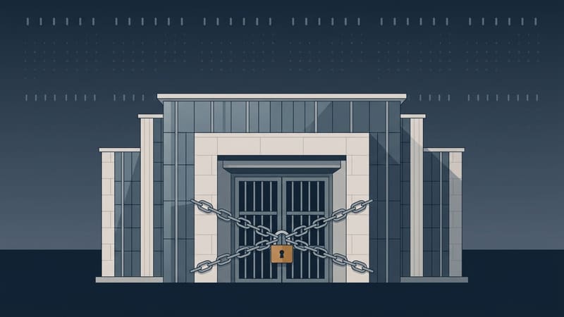 Illustration of a courthouse with its doors chained and padlocked