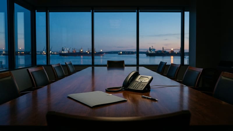 Empty conference table with a desk telephone and a closed folder, cargo ships at dusk beyond the window