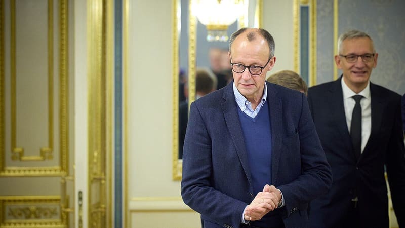 Friedrich Merz in a navy jacket and glasses walks into a gilded room, file photo from December 2024.