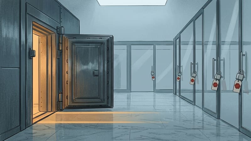 Illustration of an open steel vault beside glass doors sealed with padlocks and red-wax tags, symbolising frozen assets.