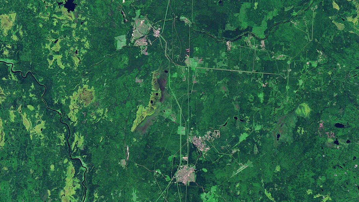 Sentinel-2 satellite view of forest, rivers, roads and small towns around Plesetsk Cosmodrome in northern Russia