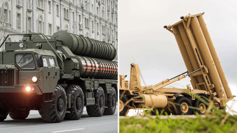 Composite of two separate photos: a Russian S-400 launcher on a Moscow street (left) and a US THAAD launcher (right)