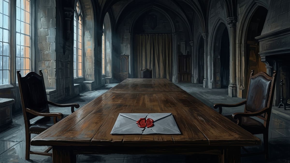 Painted illustration of a grey envelope with a cracked red wax seal on a long wooden table in an empty, dim stone hall