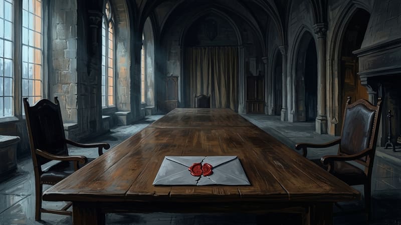 Painted illustration of a grey envelope with a cracked red wax seal on a long wooden table in an empty, dim stone hall